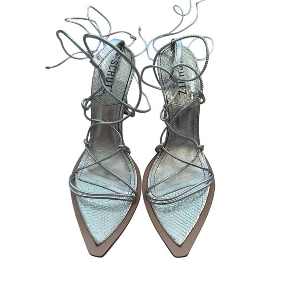 SCHUTZ Silver Leather Laceup Sandals Heels Size 7.5 - Picture 7 of 7